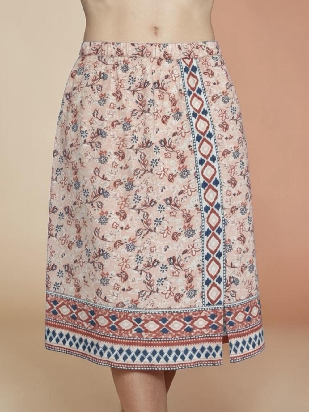 Coldwater Creek 100% Linen Floral Pink Midi Skirt Size PM Boho, Front Slit